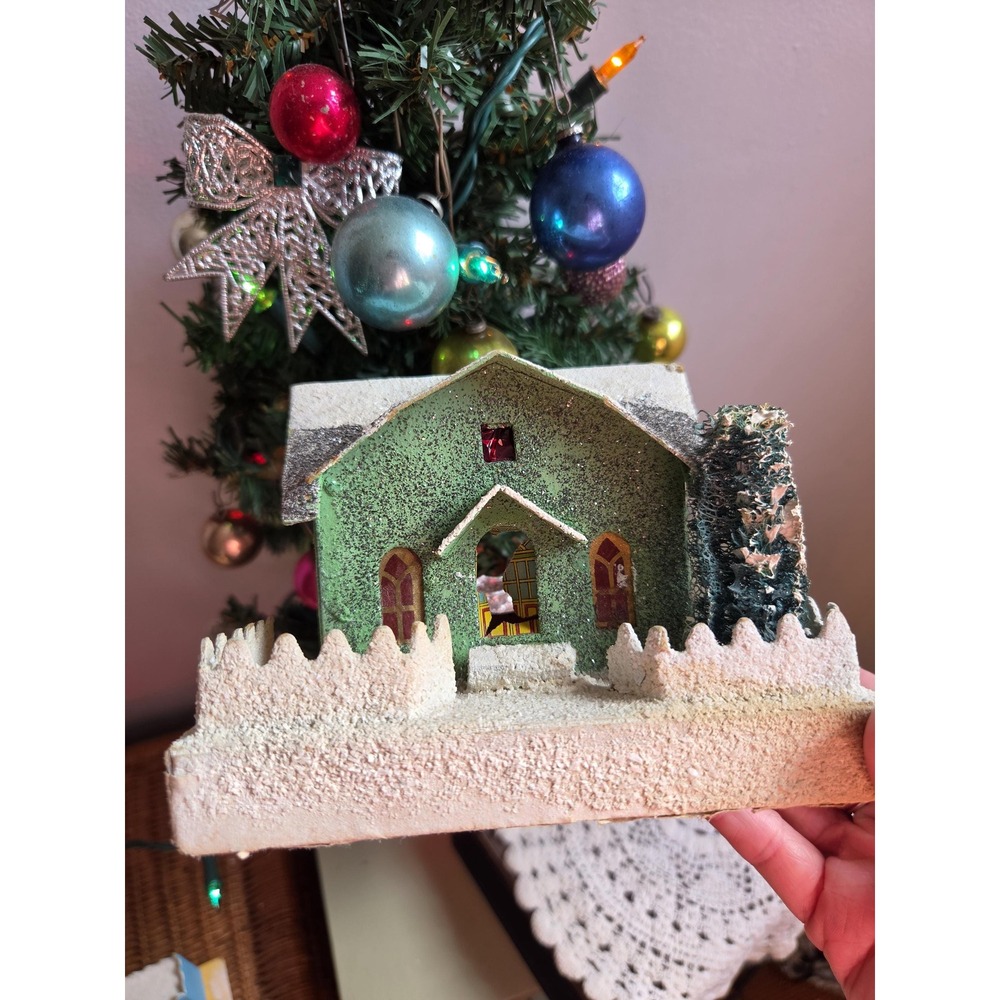 Vintage Putz Christmas House Mica Glitter Bottle Brush Tree Japan Style